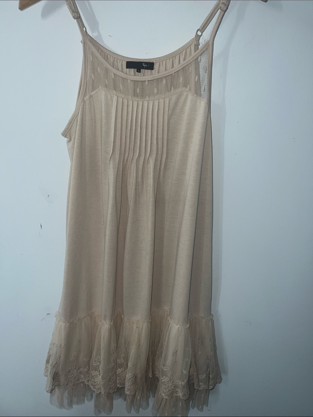 Ryu Anthropologie slip dress boho lace tulle trim loose  flowy fit, adj straps,